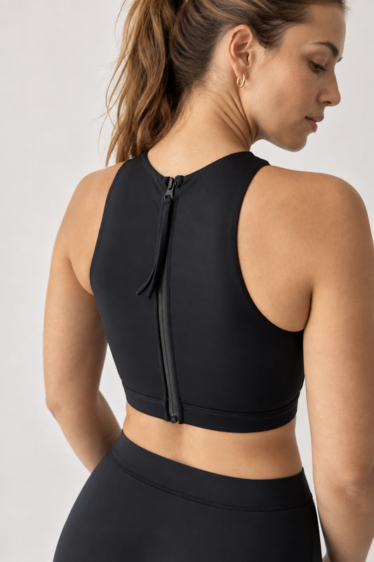 Back-Zip Bikini Top in Black
