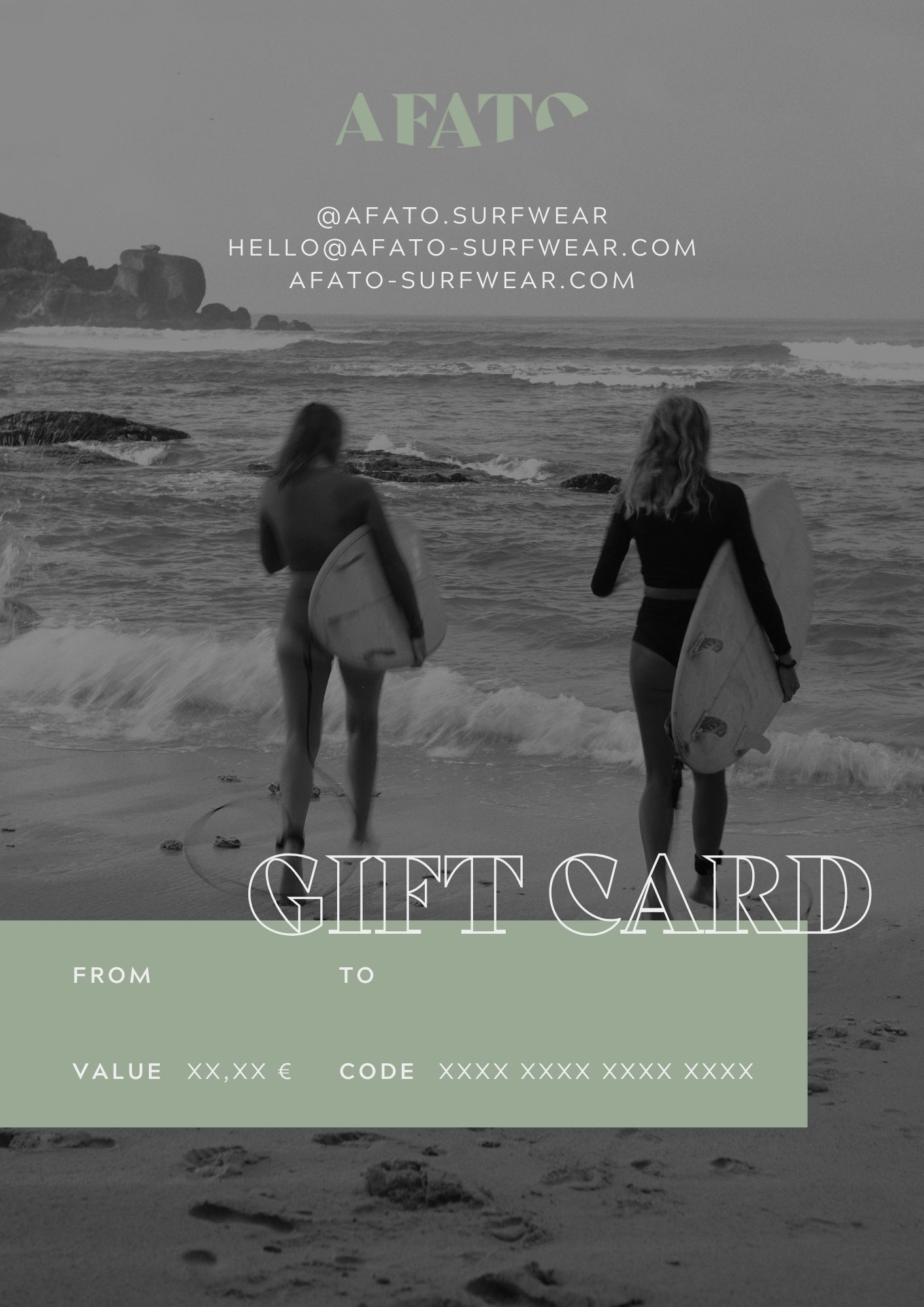 AFATO gift card – the perfect present for surfwear and beach lifestyle lovers, redeemable for sustainable ocean-inspired fashion.