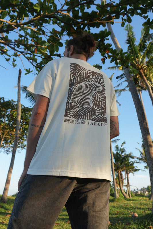 AFATO unisex shirt featuring Palm Rhythm print on the back – inspired by palm trees and ocean rhythm.”