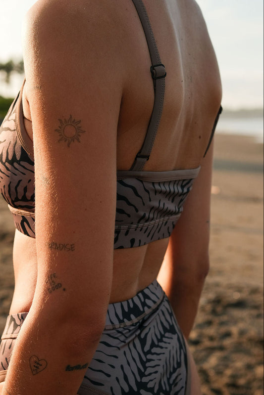 AFATO V-neck top in Palm Rhythm print – back view highlighting clean straps and secure surfwear fit.”