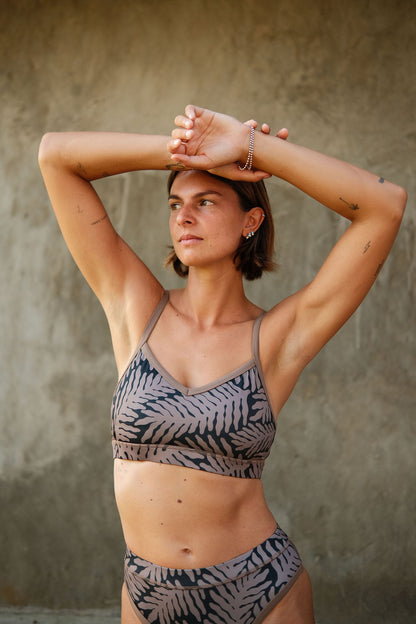 AFATO V-neck top in Palm Rhythm print – front view showcasing a bold surfwear bikini top with tropical inspired design.